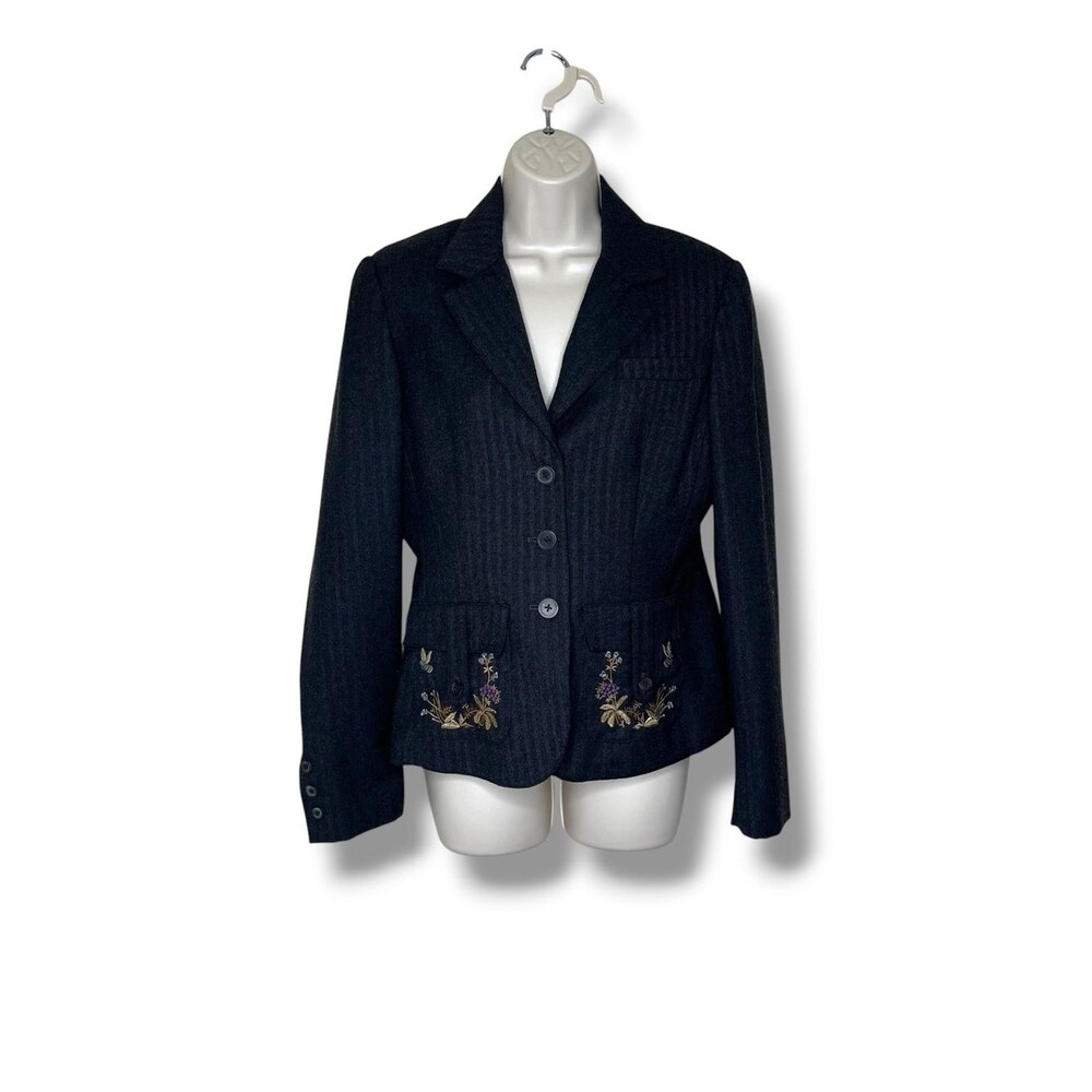 Vintage Austin Reed Gray Wool Blazer Womens 8 Embroidered Herringbone Tailored